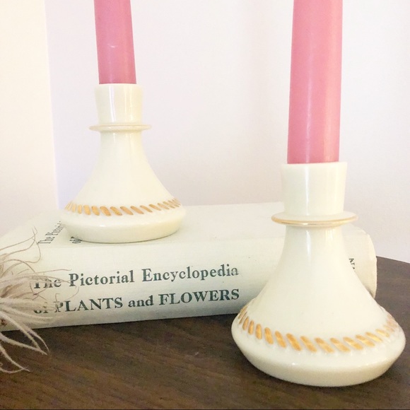 Vintage White Gold Ceramic Candlestick Holder